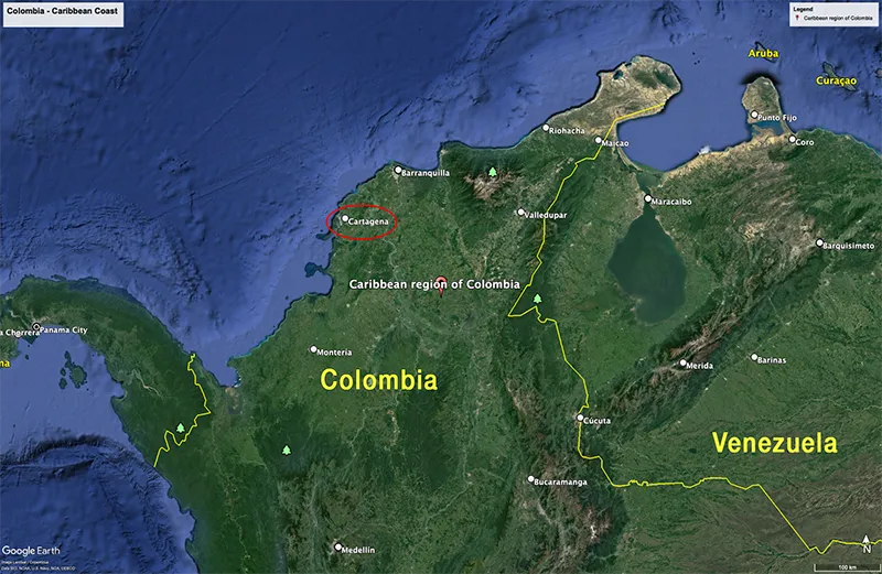 Mapa que muestra la ubicación de Cartagena en la costa caribeña de Colombia