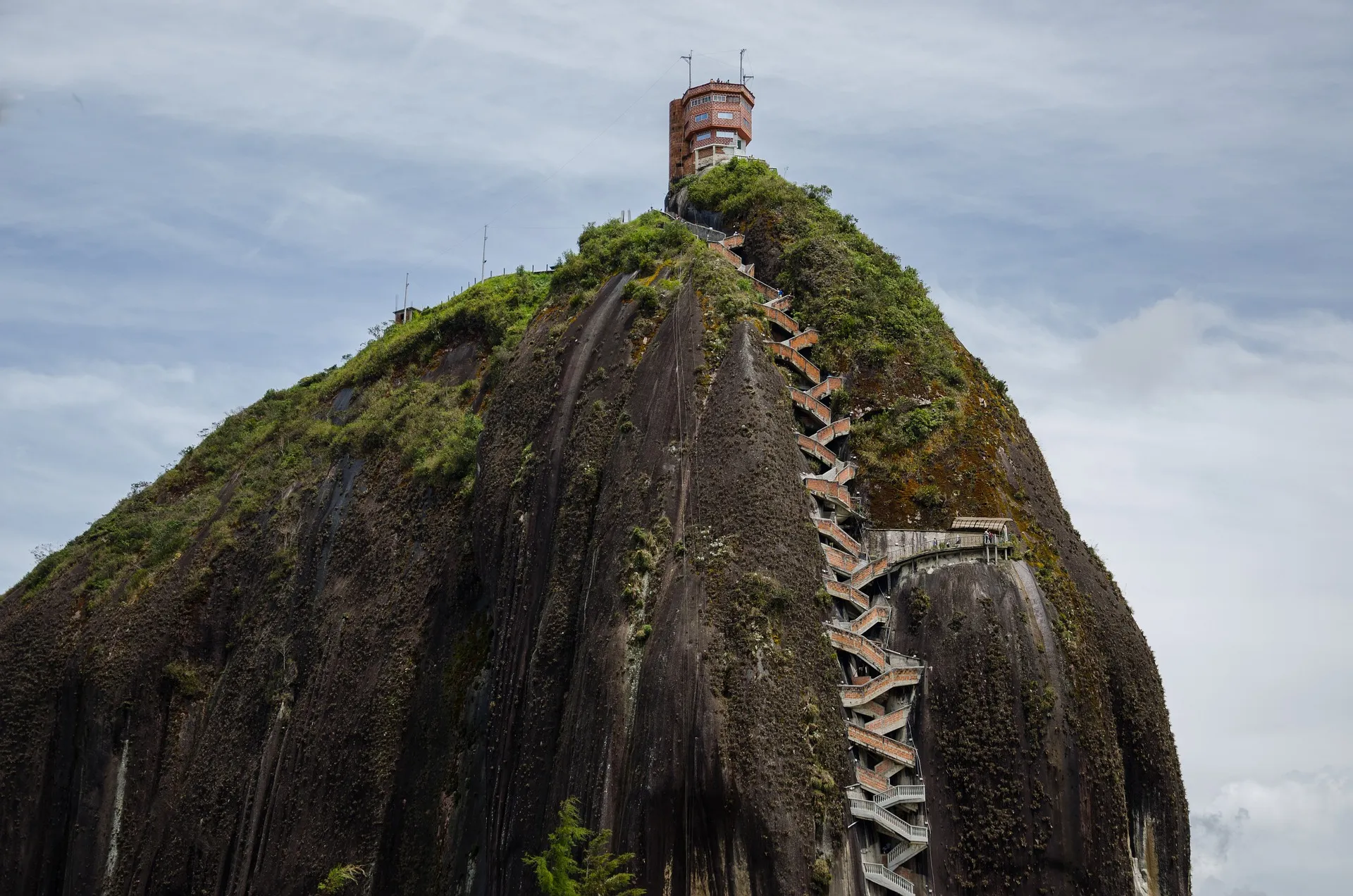 Aerial view of El Peñol rising from the Guatapé reservoir, Colombia