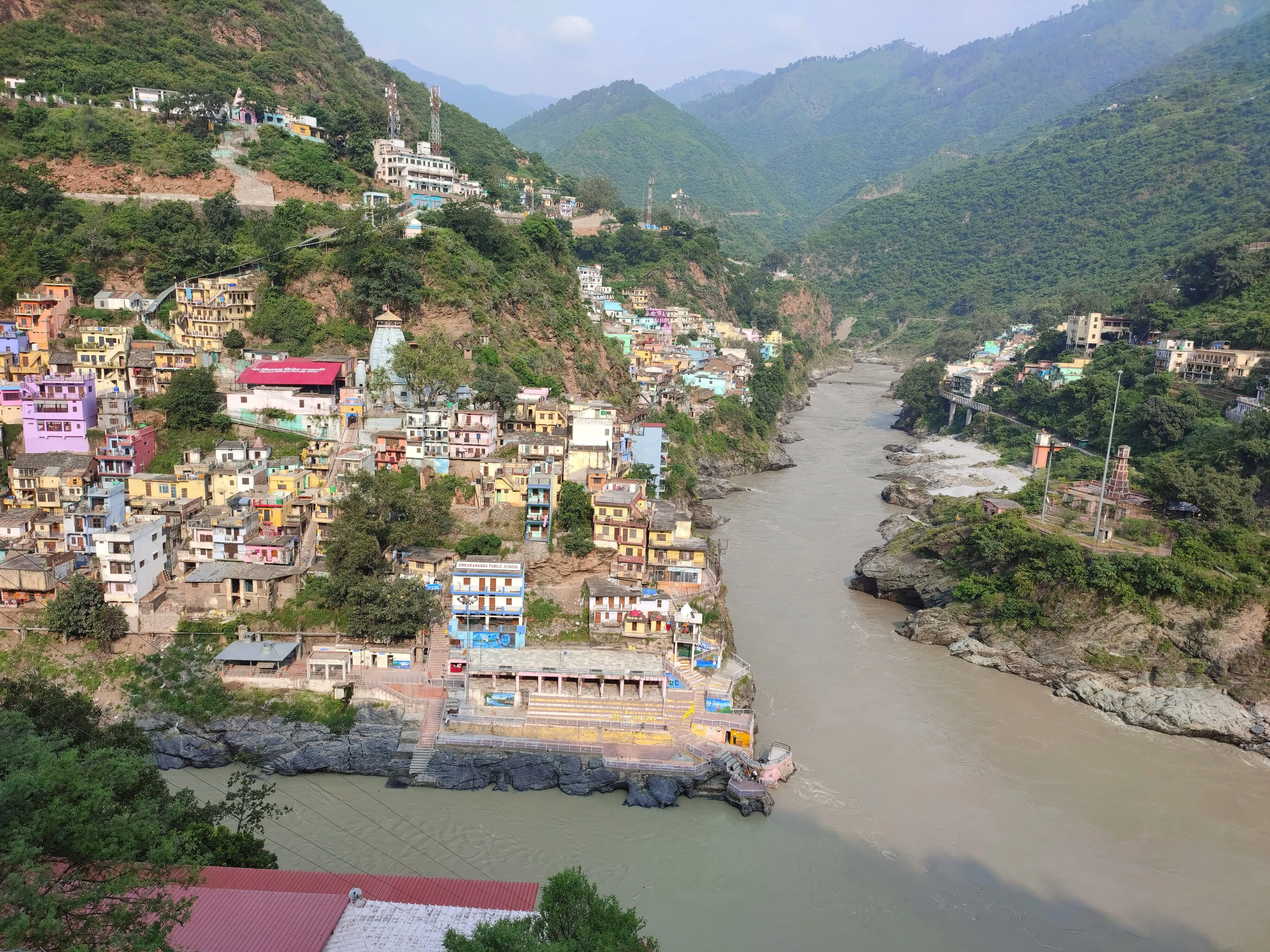 Aerial view of Devprayag in Uttarakhand, where the Bhagirathi and Alaknanda rivers meet to form the Ganges