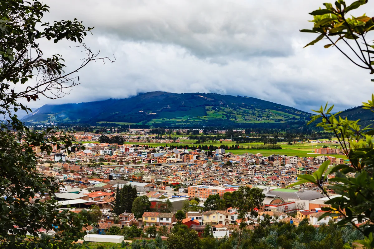 A colonial whitewashed street in Zipaquirá, Colombia